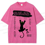 Unisex Black Cat Printed Washed Tee
