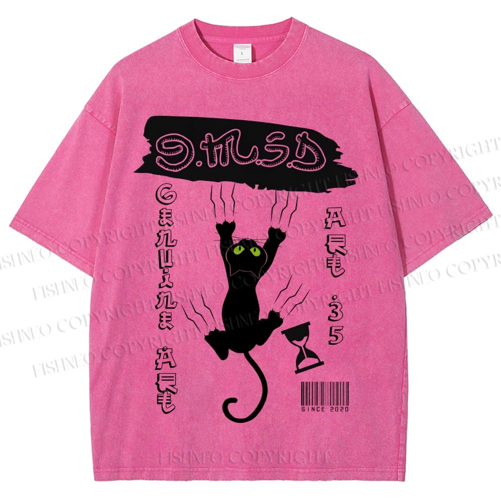 Unisex Black Cat Printed Washed Tee