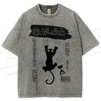 Unisex Black Cat Printed Washed Tee