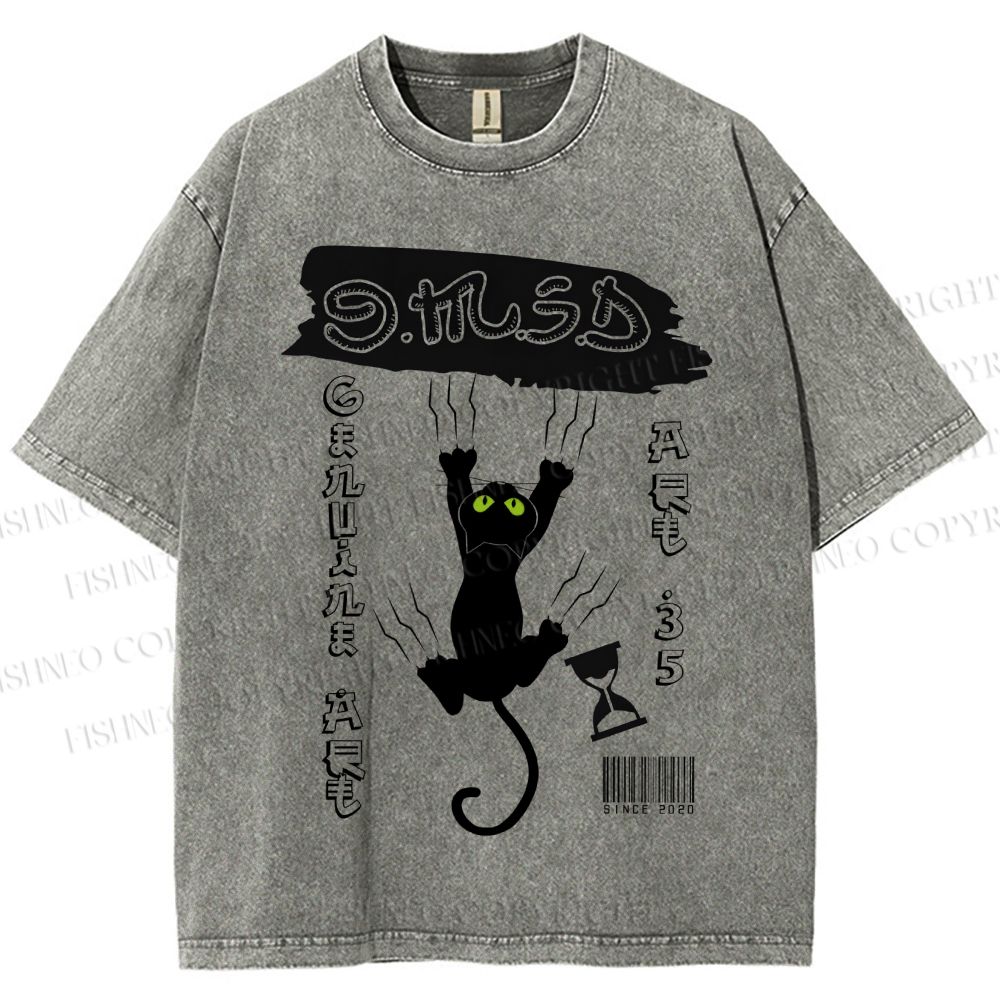 Unisex Black Cat Printed Washed Tee