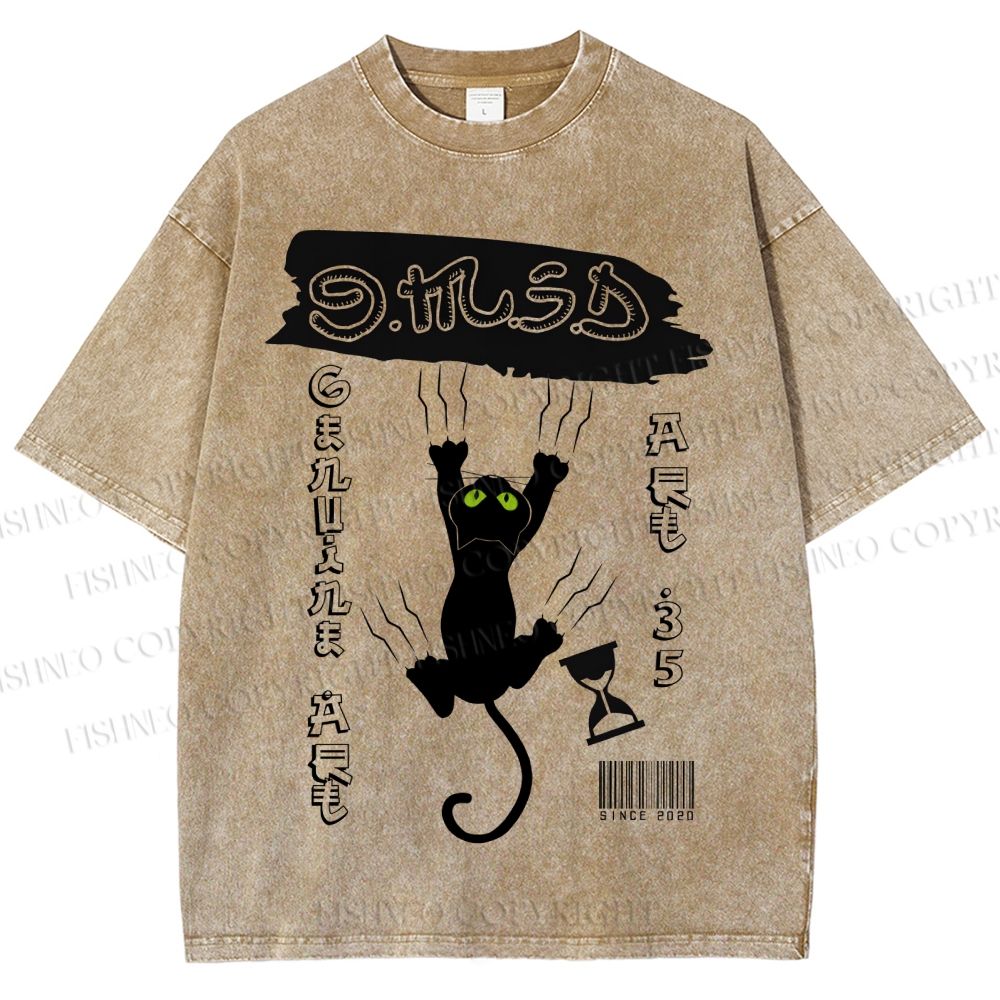 Unisex Black Cat Printed Washed Tee