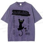 Unisex Black Cat Printed Washed Tee