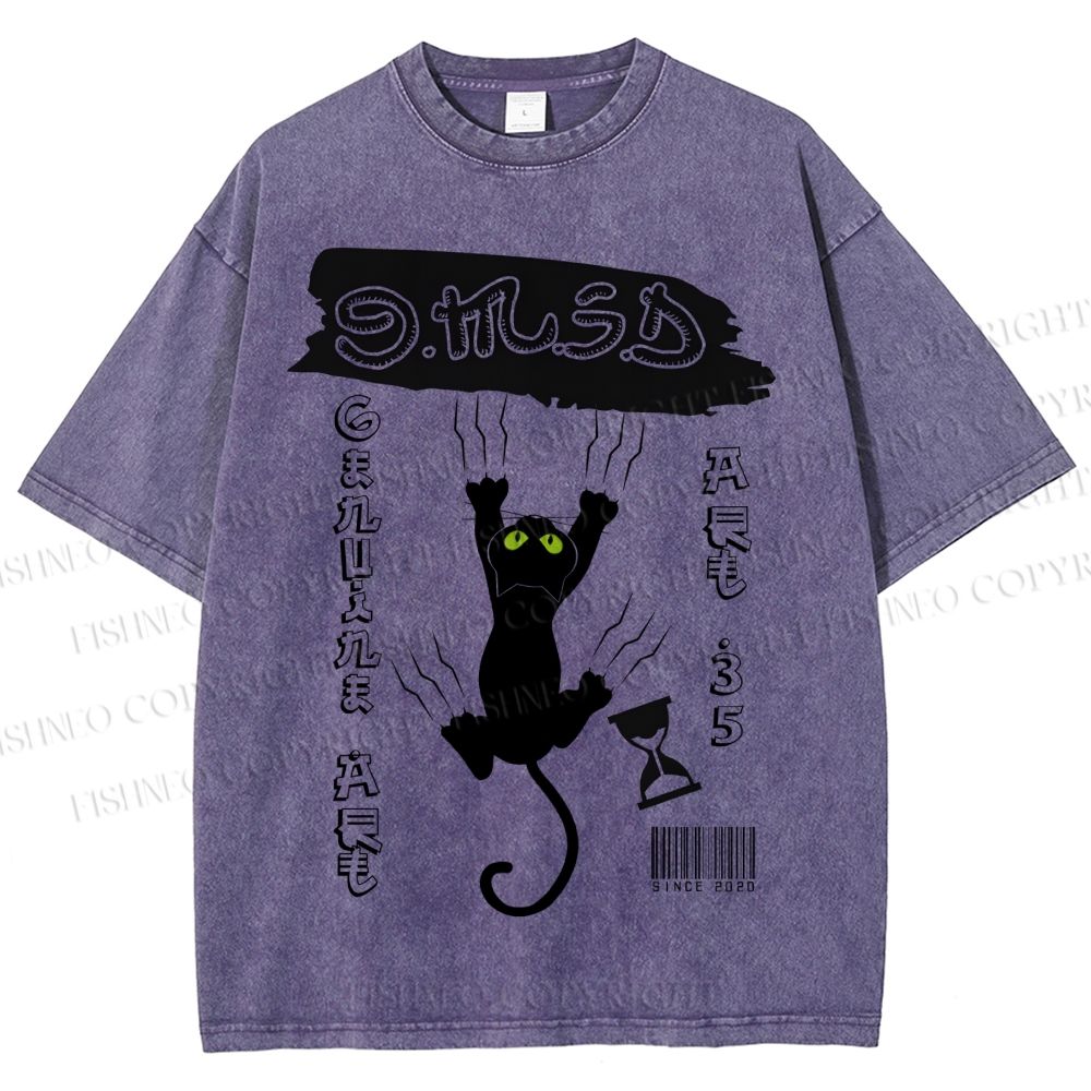 Unisex Black Cat Printed Washed Tee