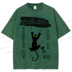 Unisex Black Cat Printed Washed Tee