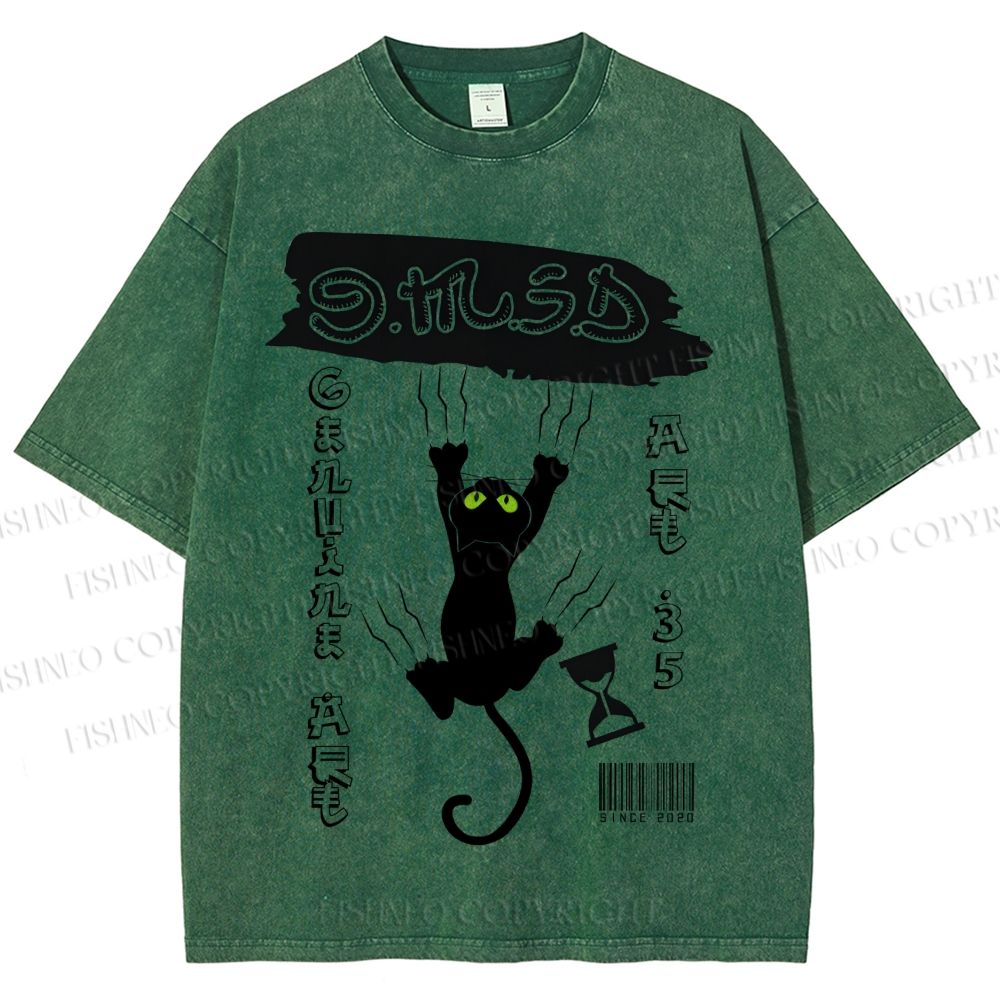Unisex Black Cat Printed Washed Tee