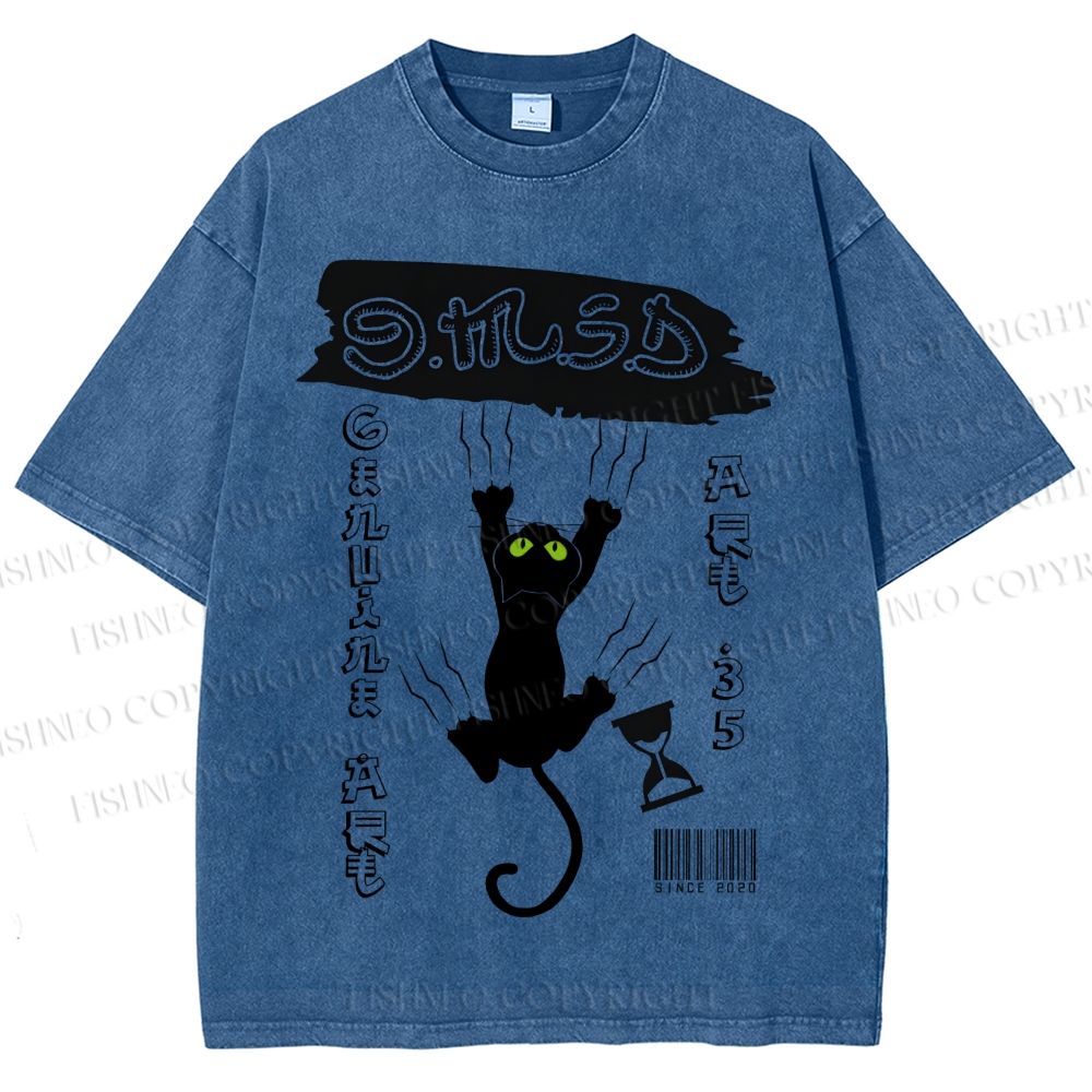 Unisex Black Cat Printed Washed Tee