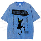 Unisex Black Cat Printed Washed Tee