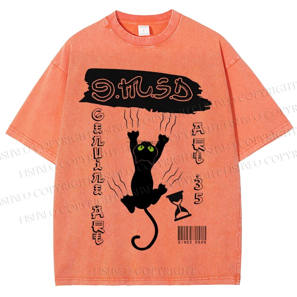 Unisex Black Cat Printed Washed Tee