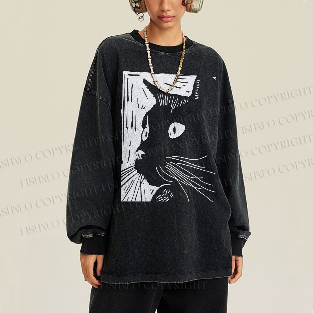 Unisex Casual Washed Vintage Cat Graffiti Printed Long Sleeve T-shirt