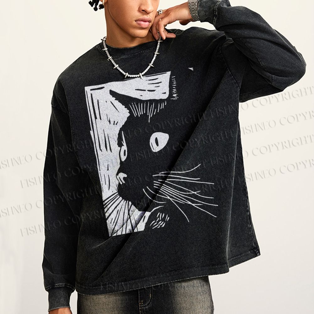 Unisex Casual Washed Vintage Cat Graffiti Printed Long Sleeve T-shirt