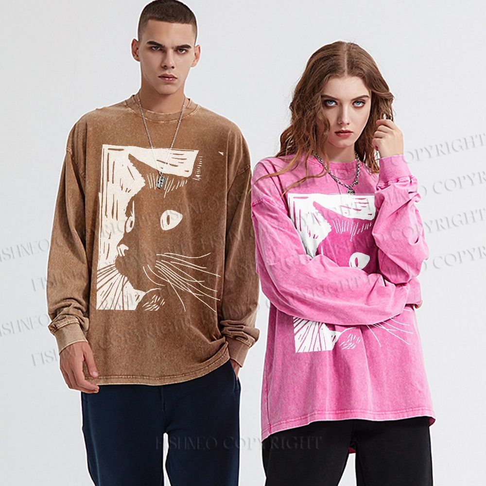 Unisex Casual Washed Vintage Cat Graffiti Printed Long Sleeve T-shirt