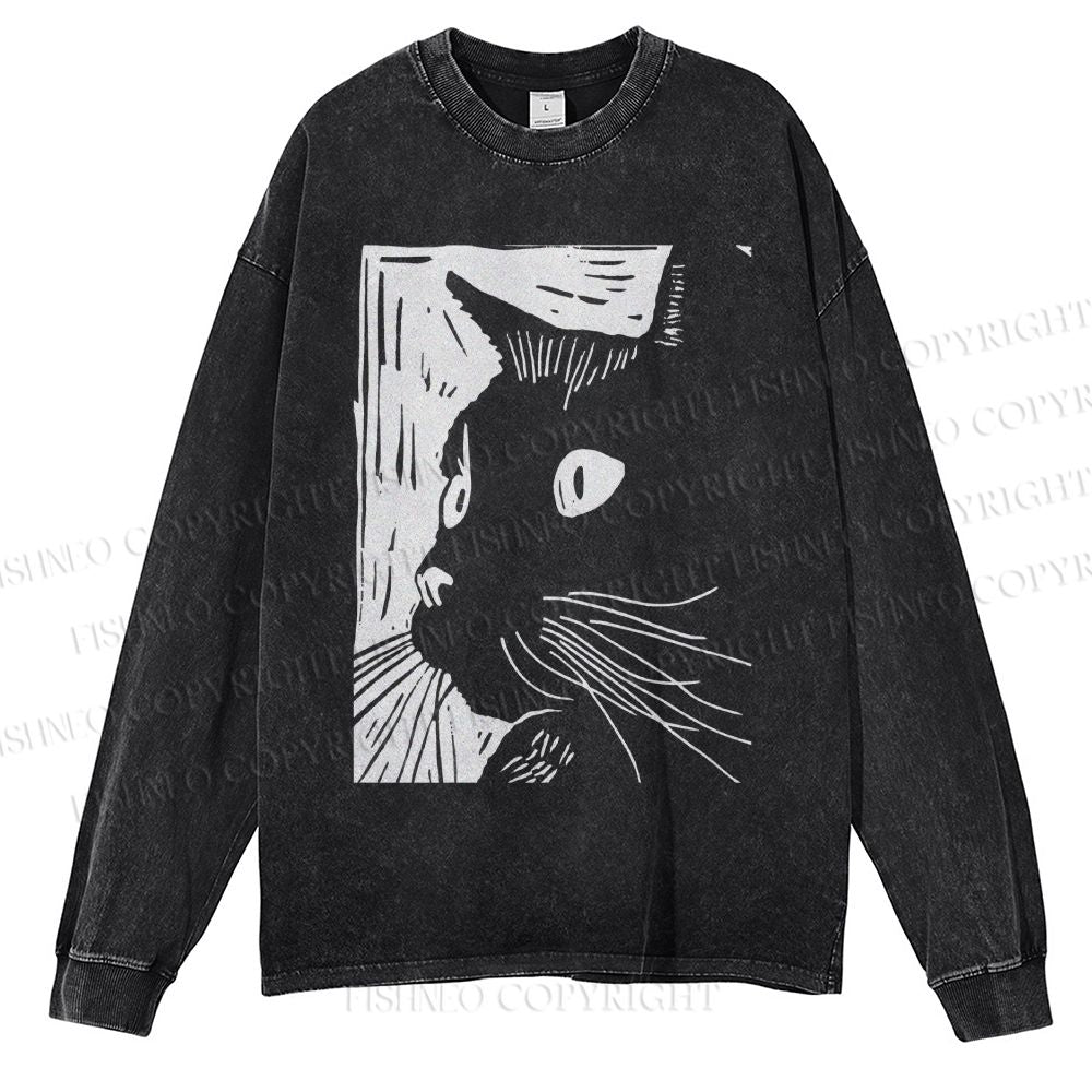 Unisex Casual Washed Vintage Cat Graffiti Printed Long Sleeve T-shirt
