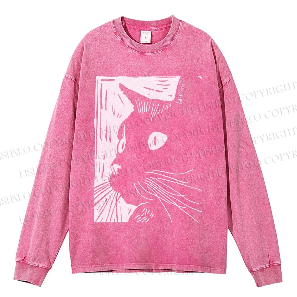 Unisex Casual Washed Vintage Cat Graffiti Printed Long Sleeve T-shirt