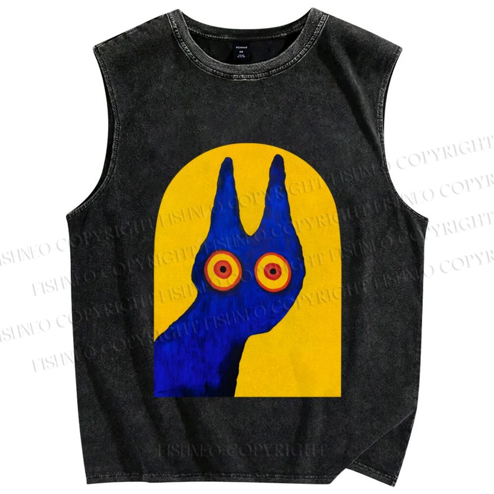 Unisex Artistic Cat Printed Washed Tank Top