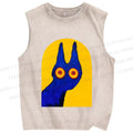 Unisex Artistic Cat Printed Washed Tank Top