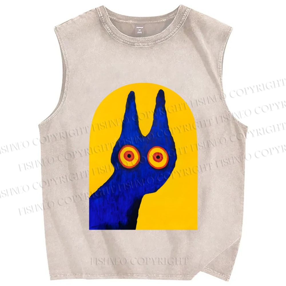 Unisex Artistic Cat Printed Washed Tank Top