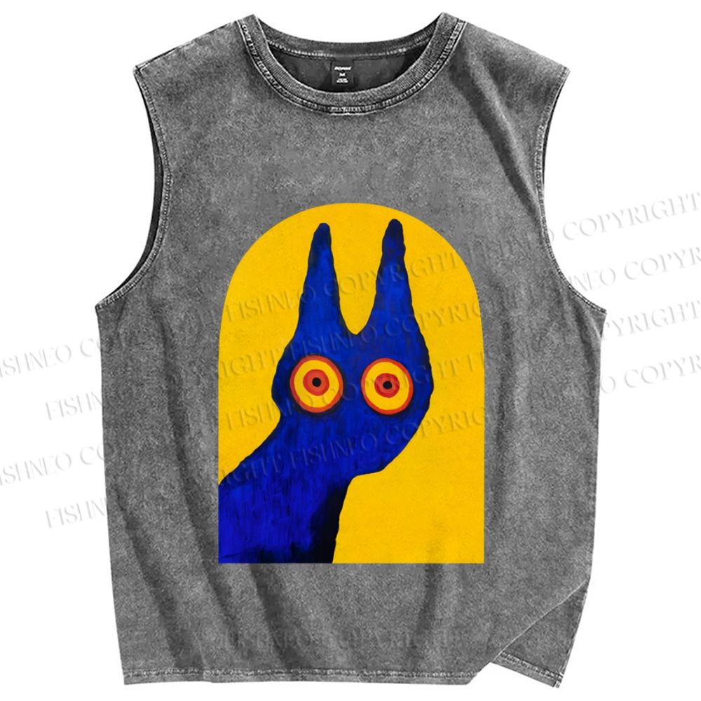 Unisex Artistic Cat Printed Washed Tank Top