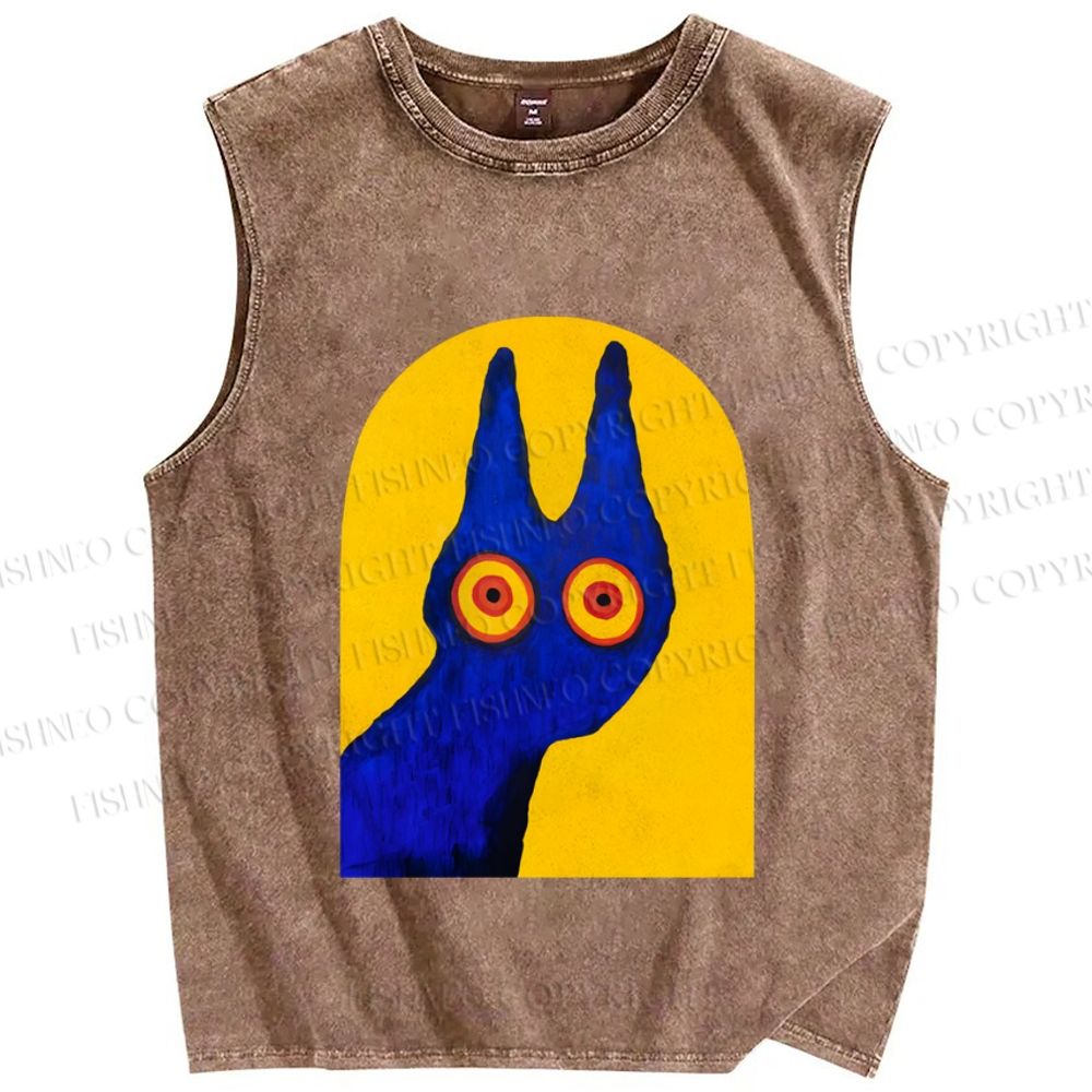 Unisex Artistic Cat Printed Washed Tank Top