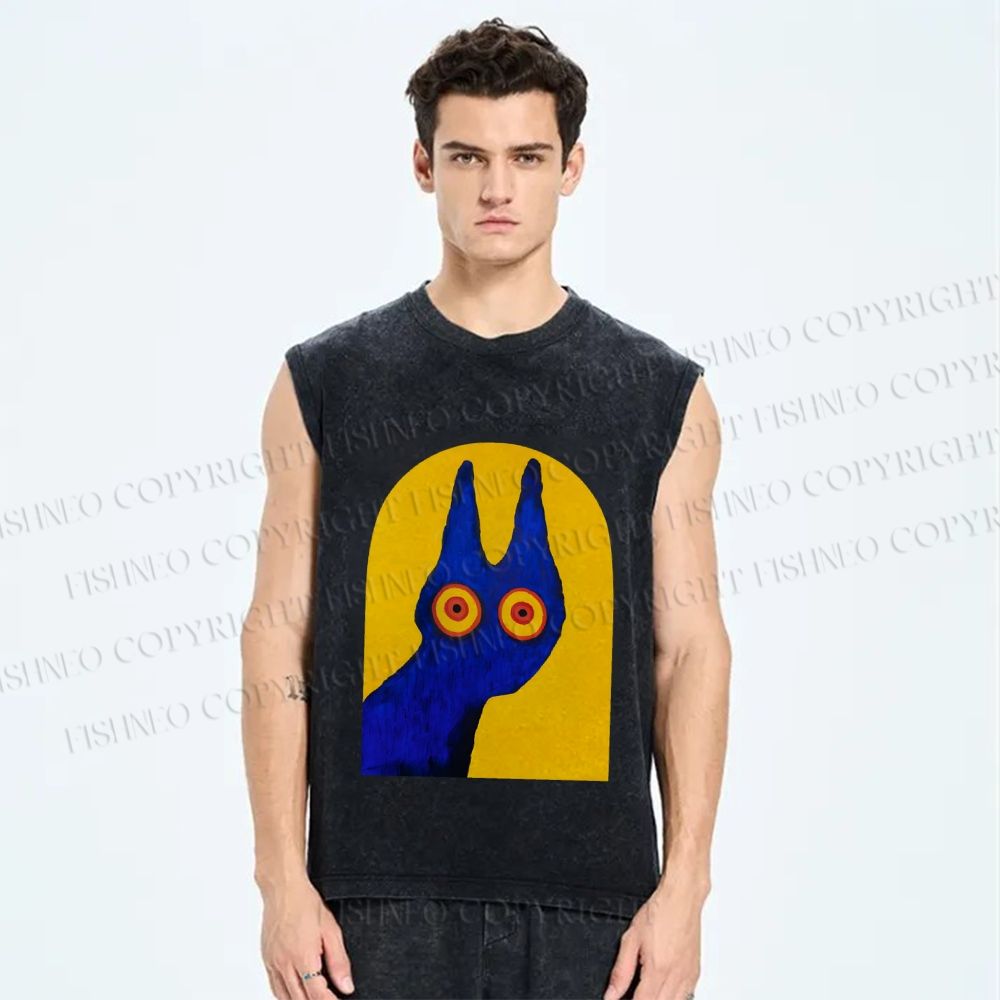 Unisex Artistic Cat Printed Washed Tank Top