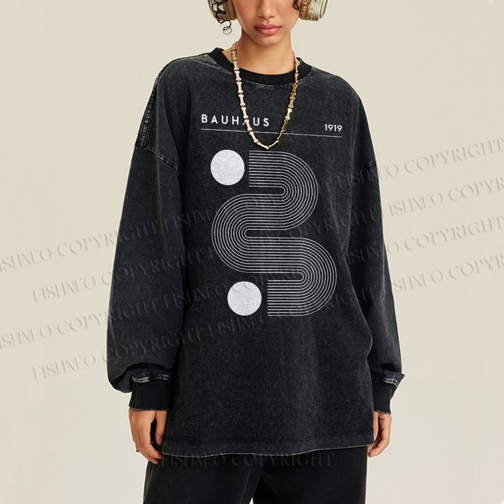 Unisex Casual Washed Geometric Line Art Printed Long Sleeve T-shirt