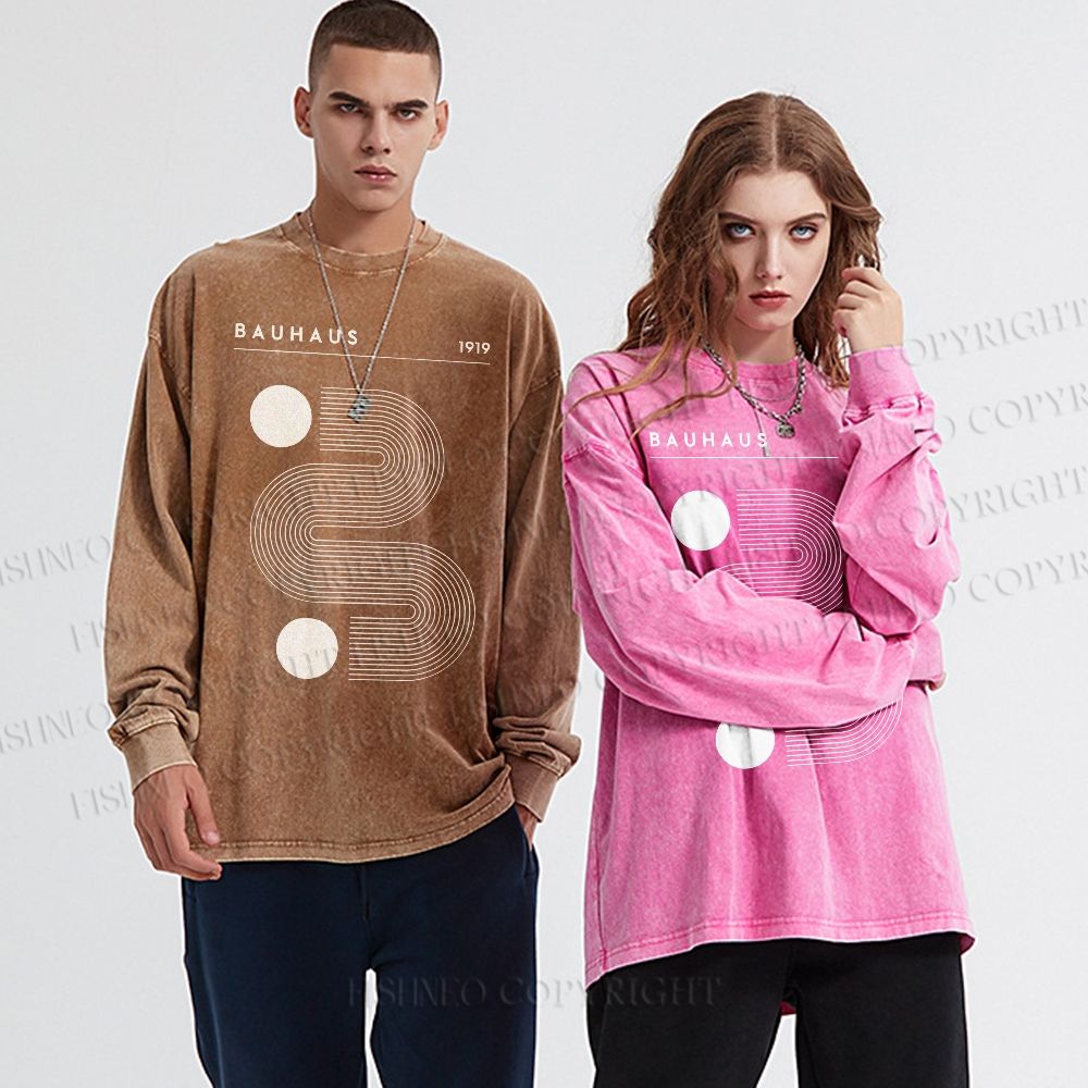 Unisex Casual Washed Geometric Line Art Printed Long Sleeve T-shirt