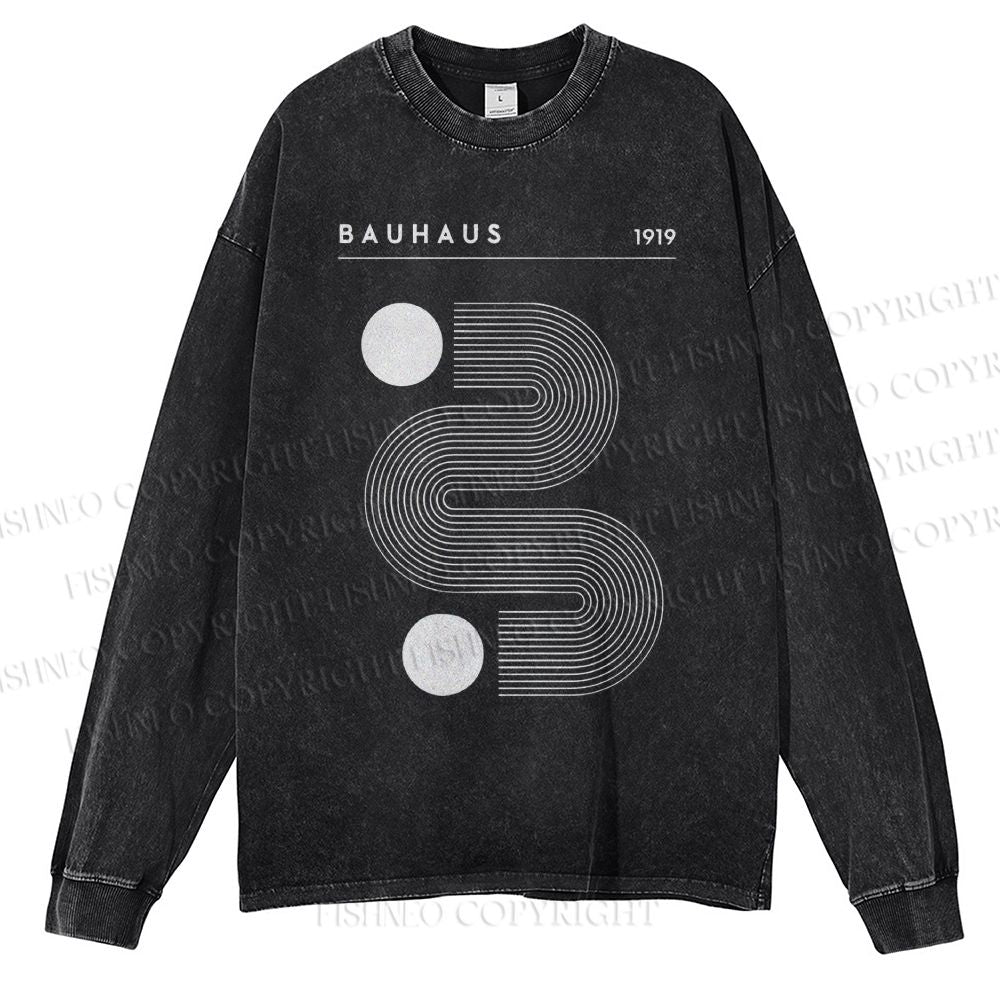 Unisex Casual Washed Geometric Line Art Printed Long Sleeve T-shirt