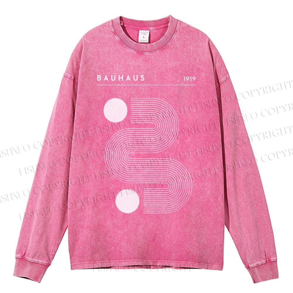 Unisex Casual Washed Geometric Line Art Printed Long Sleeve T-shirt