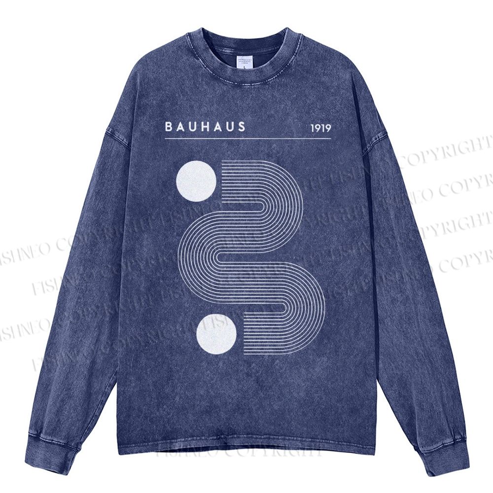 Unisex Casual Washed Geometric Line Art Printed Long Sleeve T-shirt