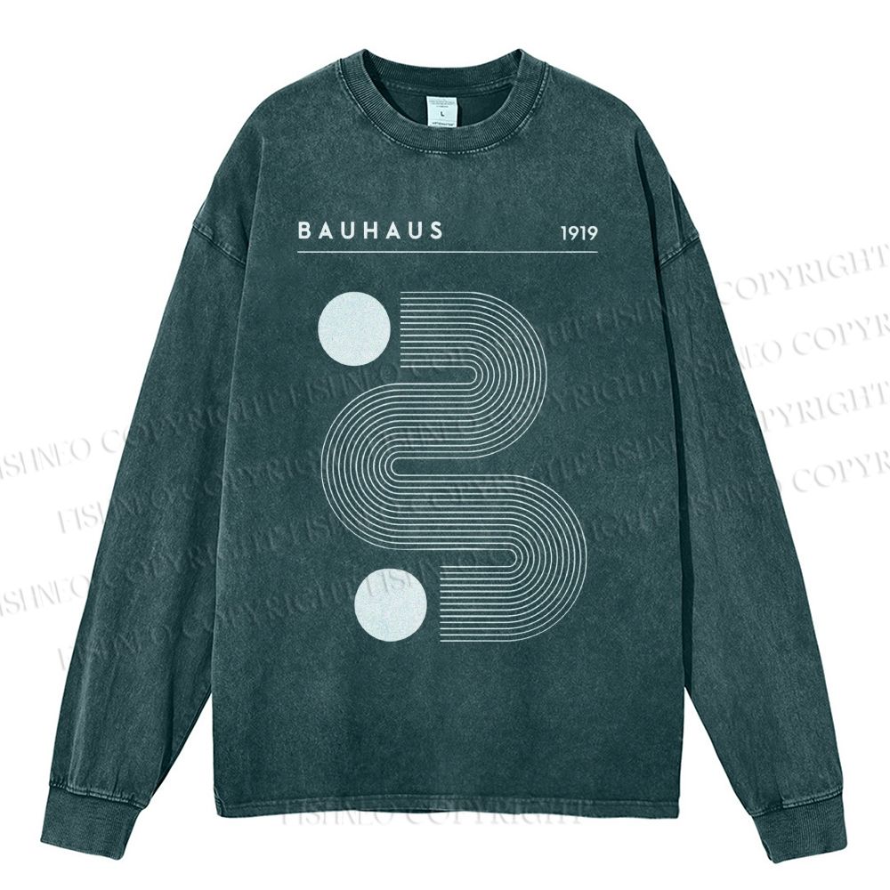 Unisex Casual Washed Geometric Line Art Printed Long Sleeve T-shirt