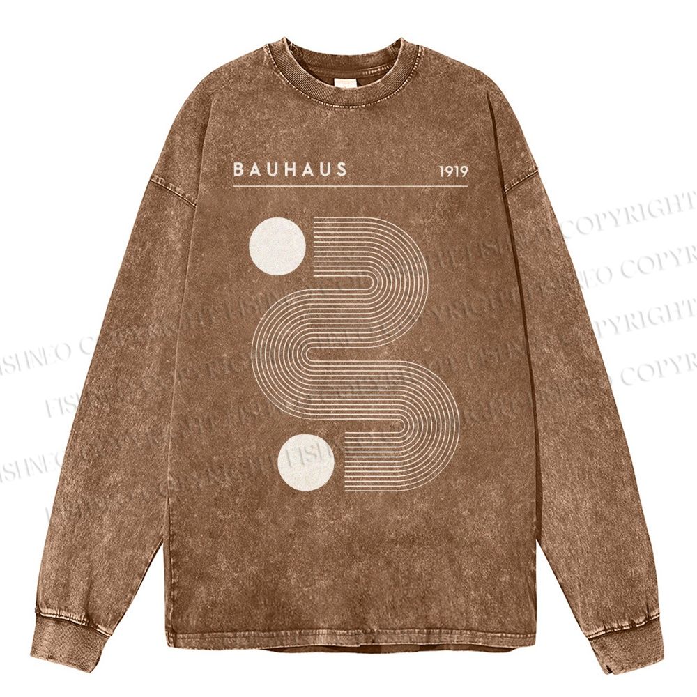 Unisex Casual Washed Geometric Line Art Printed Long Sleeve T-shirt