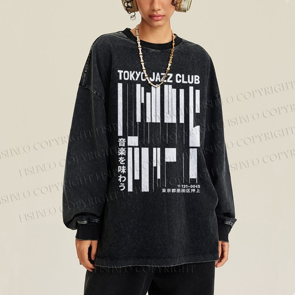Unisex Casual Washed Tokyo Jazz Club Printed Long Sleeve T-shirt