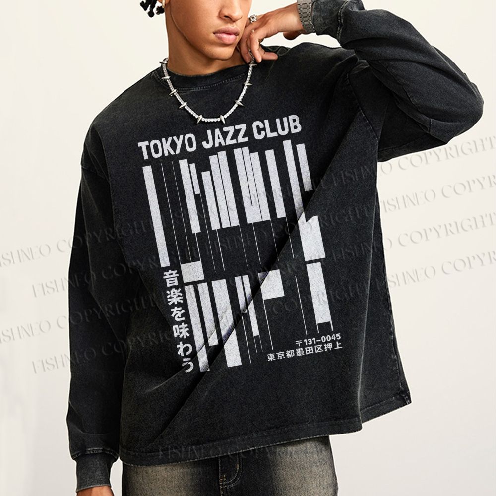 Unisex Casual Washed Tokyo Jazz Club Printed Long Sleeve T-shirt