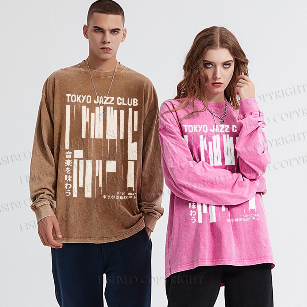 Unisex Casual Washed Tokyo Jazz Club Printed Long Sleeve T-shirt