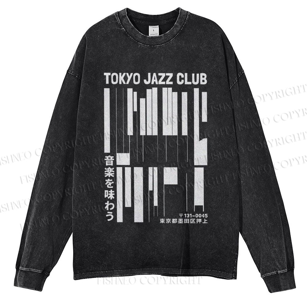 Unisex Casual Washed Tokyo Jazz Club Printed Long Sleeve T-shirt