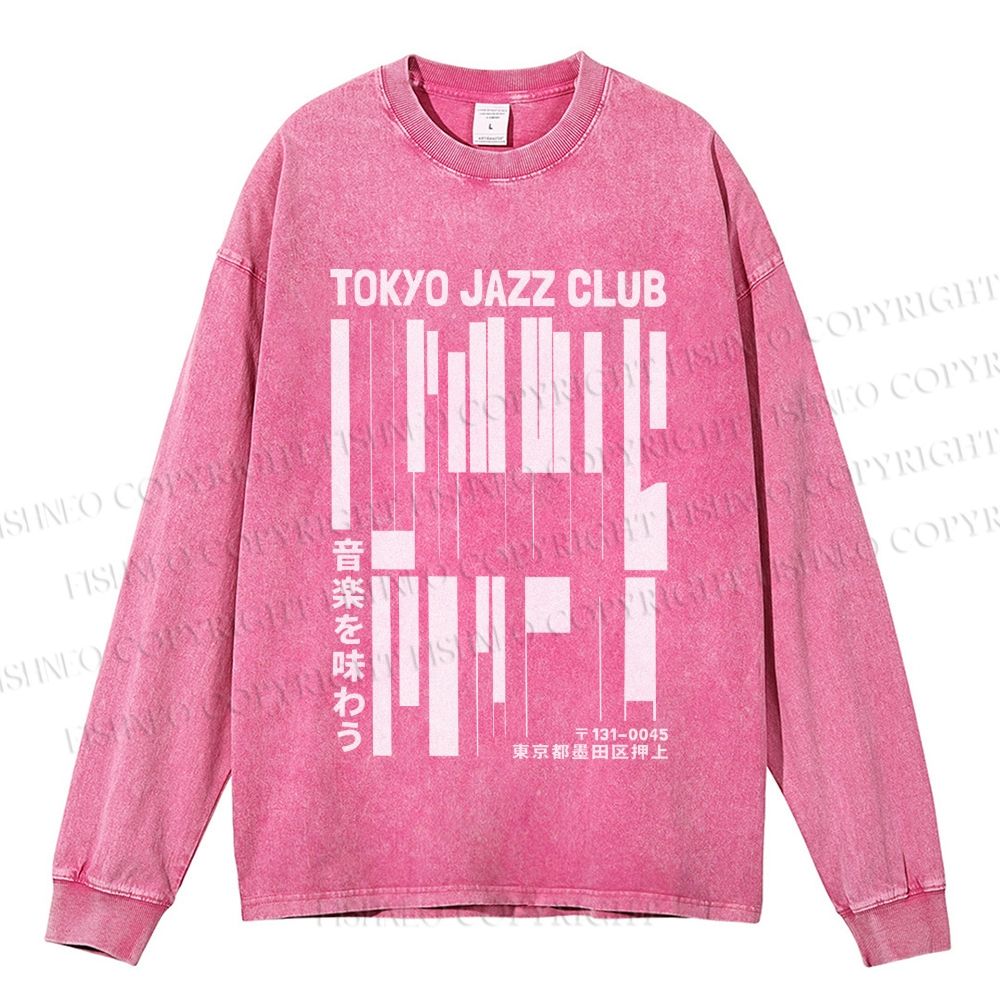 Unisex Casual Washed Tokyo Jazz Club Printed Long Sleeve T-shirt