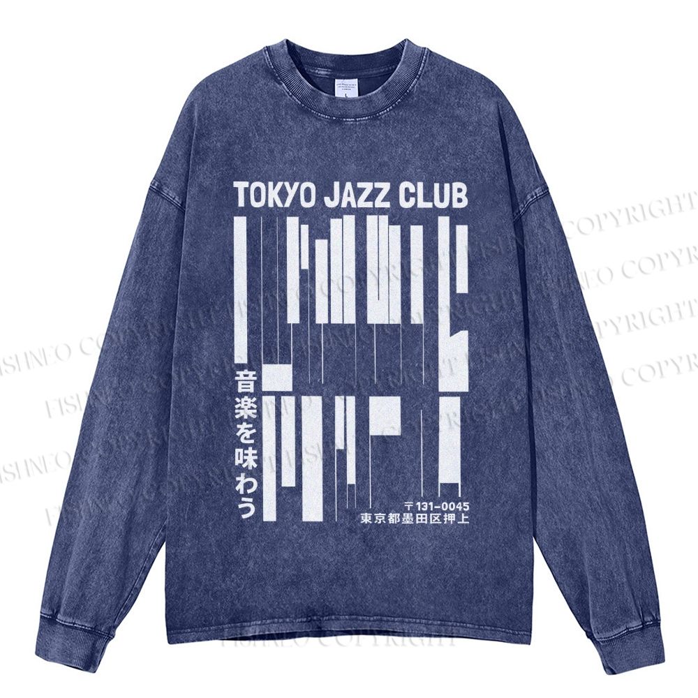 Unisex Casual Washed Tokyo Jazz Club Printed Long Sleeve T-shirt
