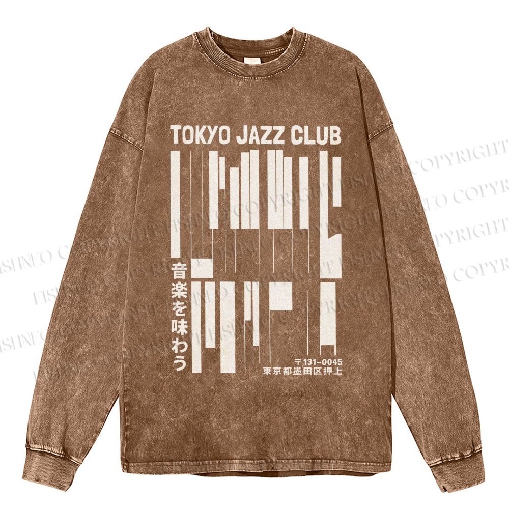 Unisex Casual Washed Tokyo Jazz Club Printed Long Sleeve T-shirt