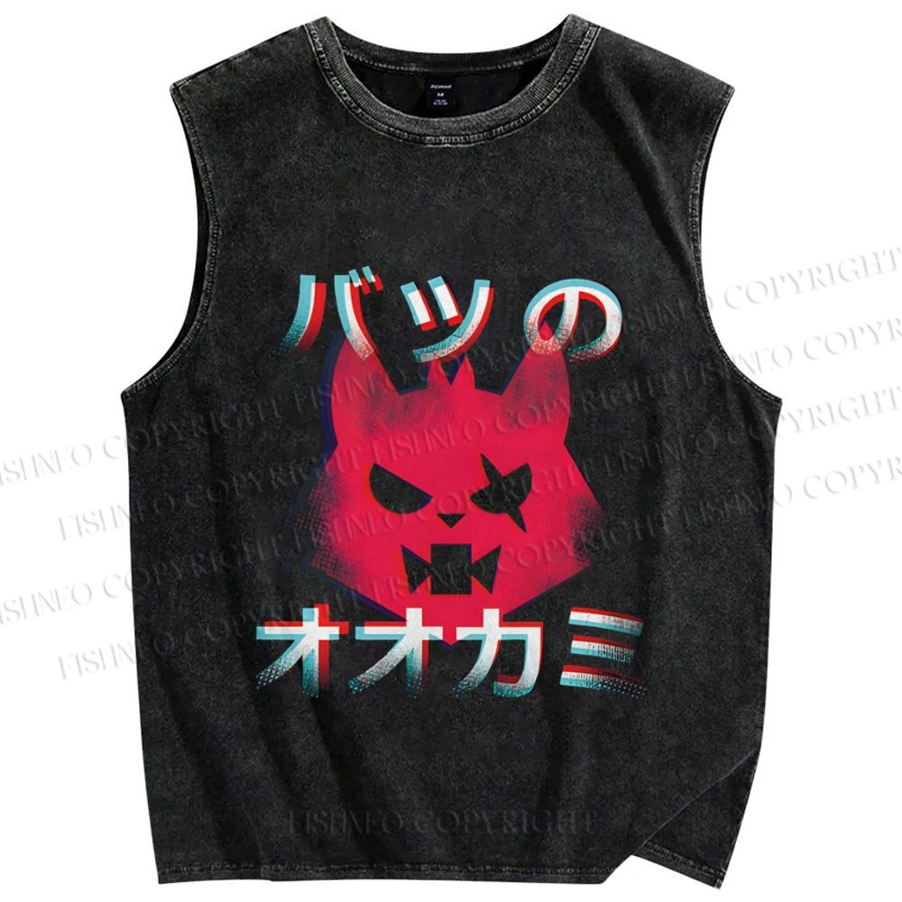 Unisex Wolf Printed Washed Tank Top