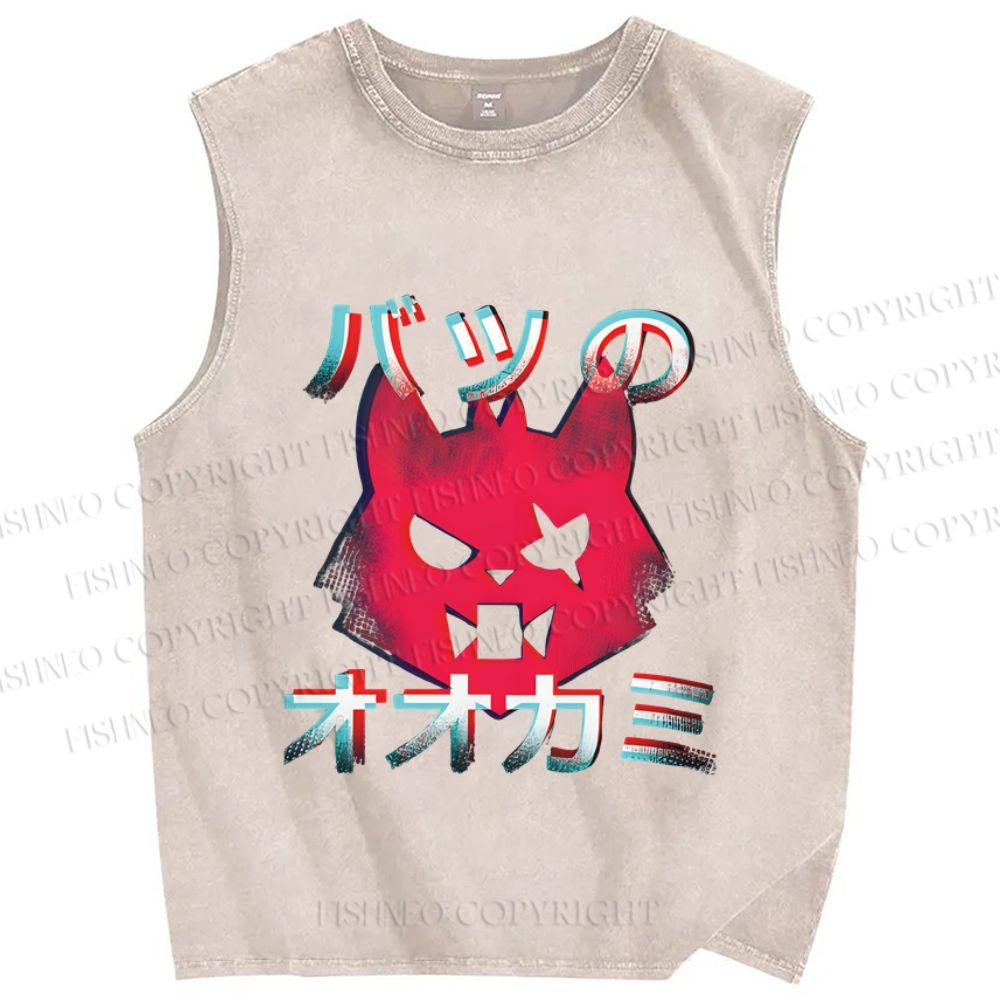 Unisex Wolf Printed Washed Tank Top