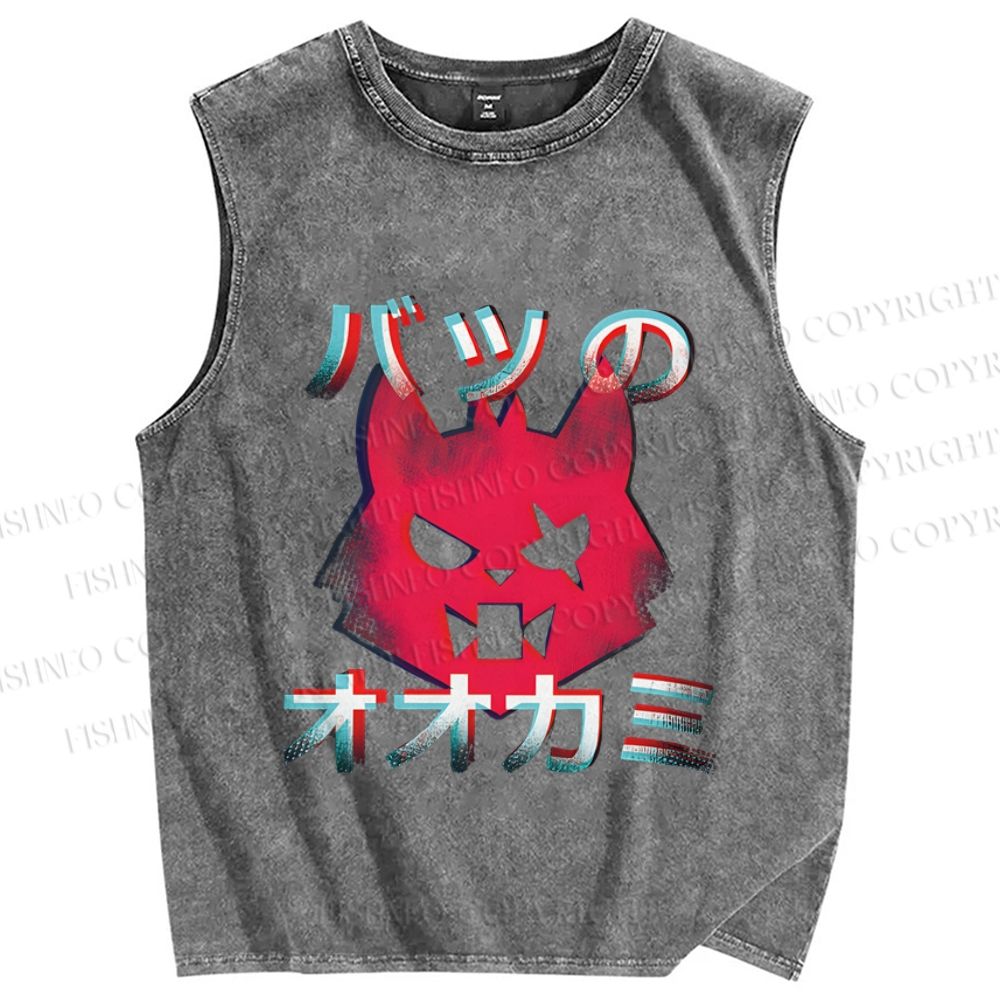 Unisex Wolf Printed Washed Tank Top