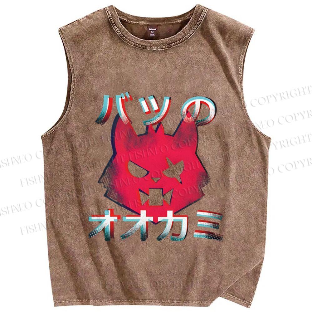 Unisex Wolf Printed Washed Tank Top