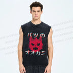 Unisex Wolf Printed Washed Tank Top