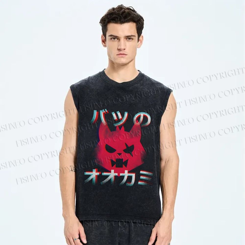 Unisex Wolf Printed Washed Tank Top