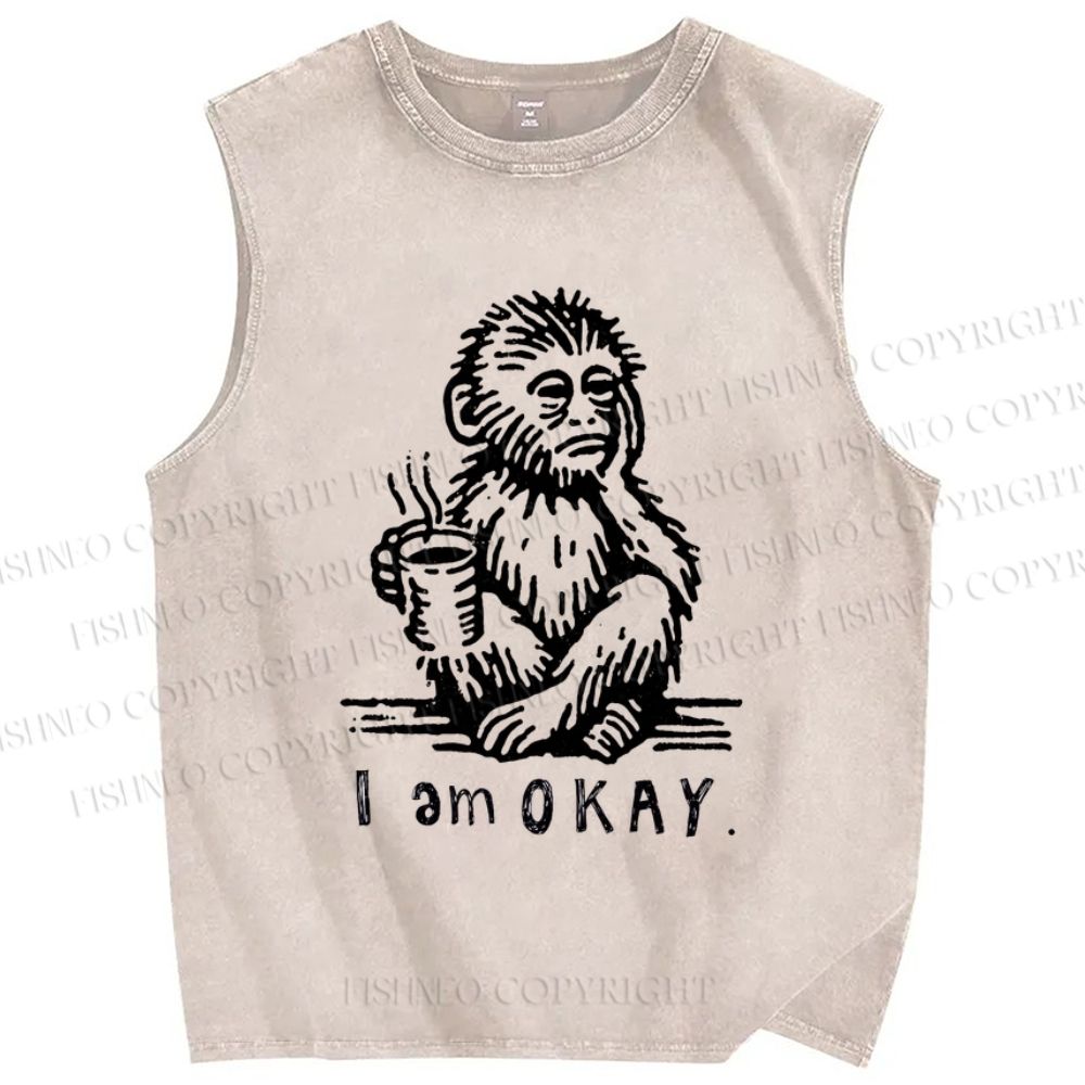 Unisex I'm Okay Monkey Printed Washed Tank Top