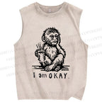 Unisex I'm Okay Monkey Printed Washed Tank Top