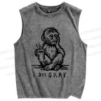 Unisex I'm Okay Monkey Printed Washed Tank Top