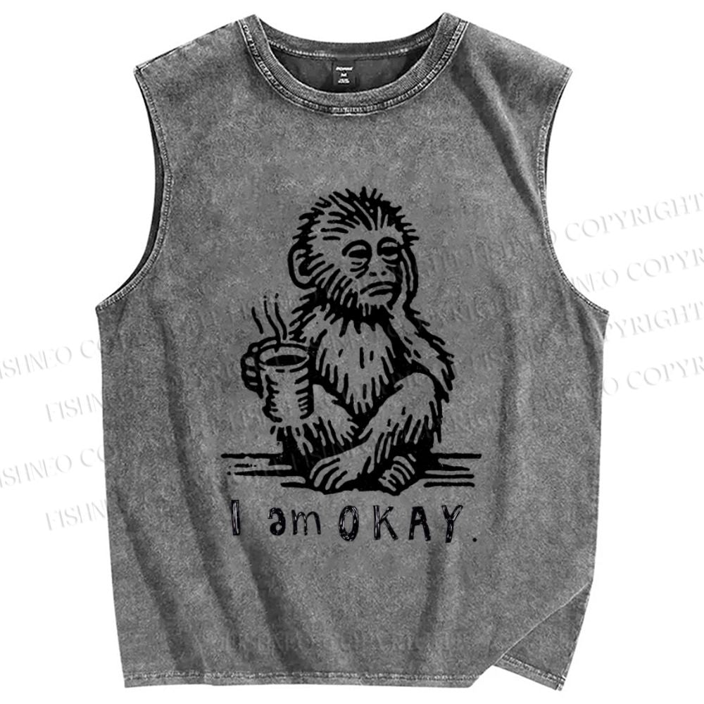 Unisex I'm Okay Monkey Printed Washed Tank Top