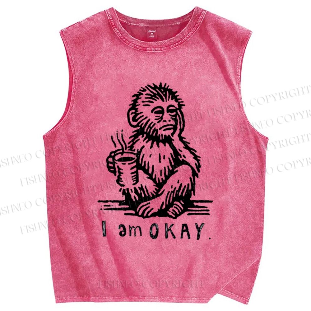 Unisex I'm Okay Monkey Printed Washed Tank Top