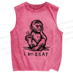 Unisex I'm Okay Monkey Printed Washed Tank Top