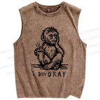 Unisex I'm Okay Monkey Printed Washed Tank Top